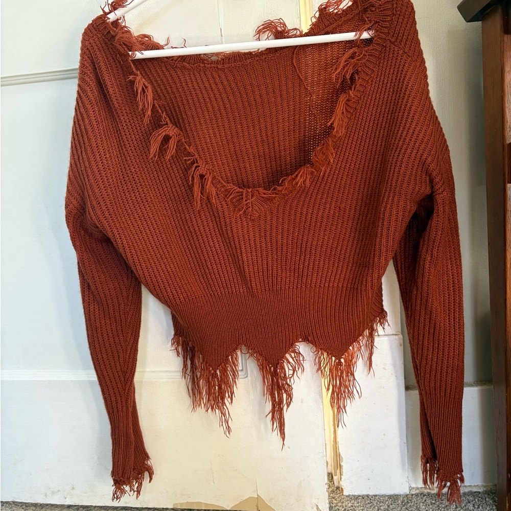 SHEIN V-Neck Fringed Sweater in Rust